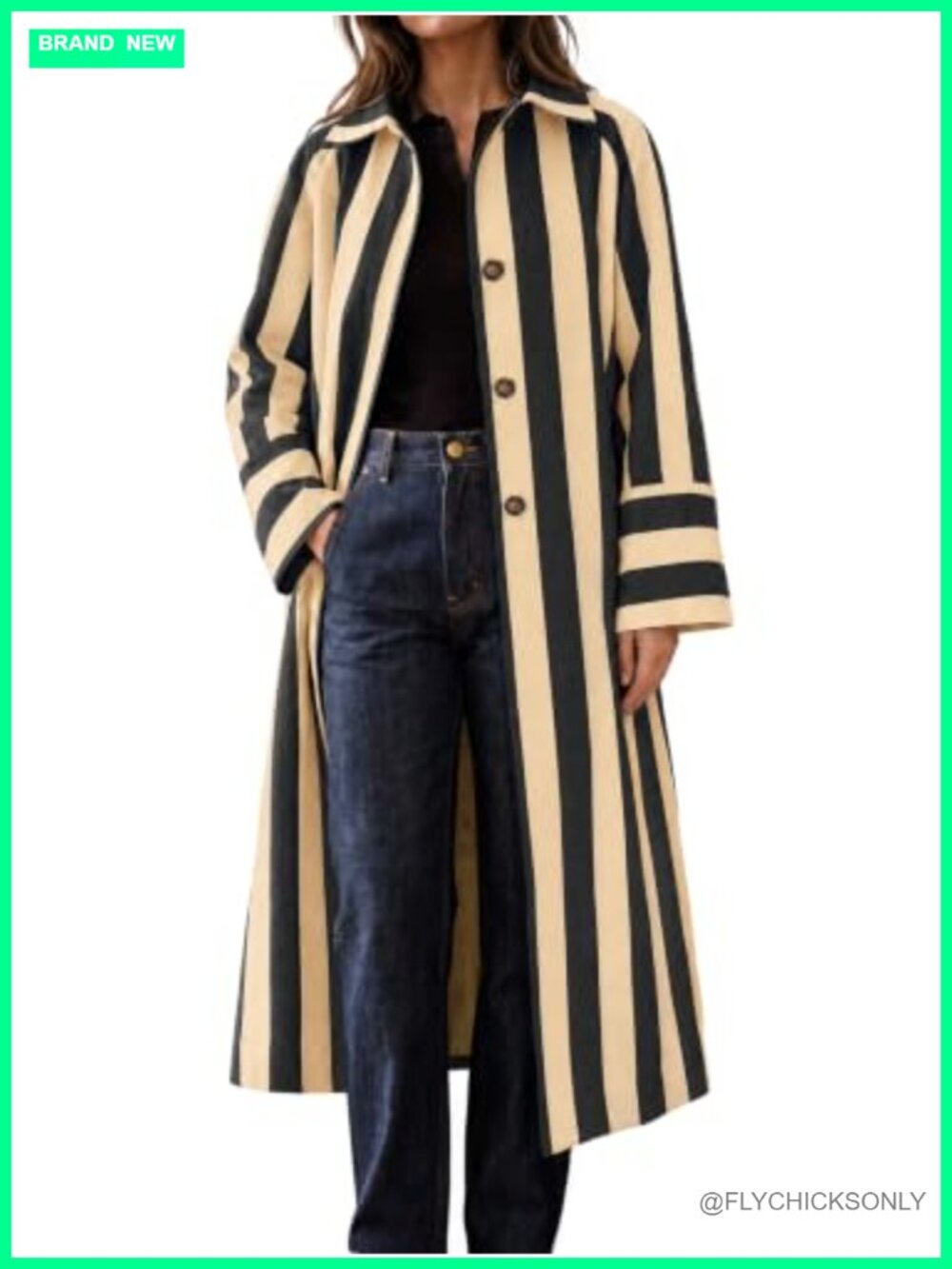 Striped Long Trench Coat Oversized Single Breasted Polyester